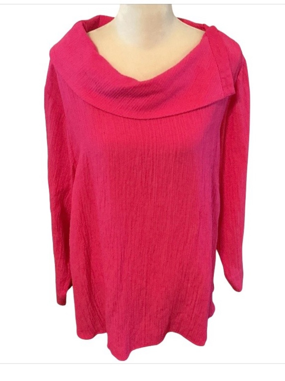 Soft Surroundings 1X Top Fuchsia Gauze Button Cowl Neck Crinkle Rayon Pink NWT